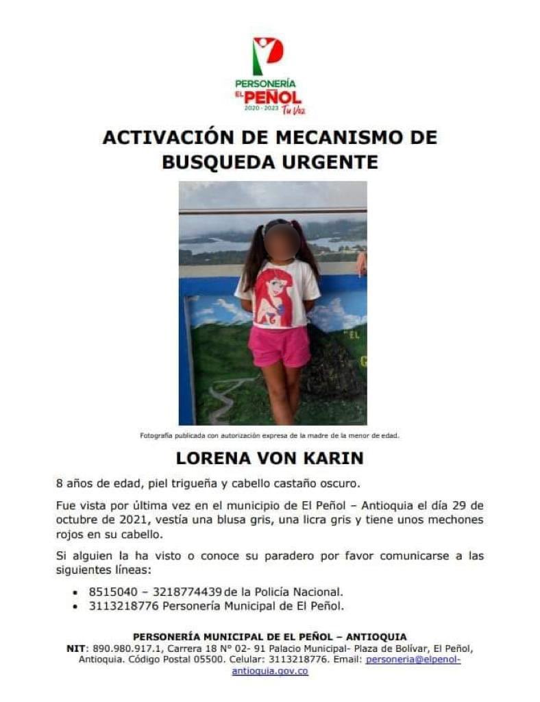 Niña desaparecida El Peñol