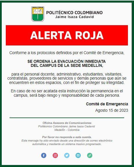 Ordenan la evacuación inmediata del Politécnico Colombiano Jaime Isaza Cadavid