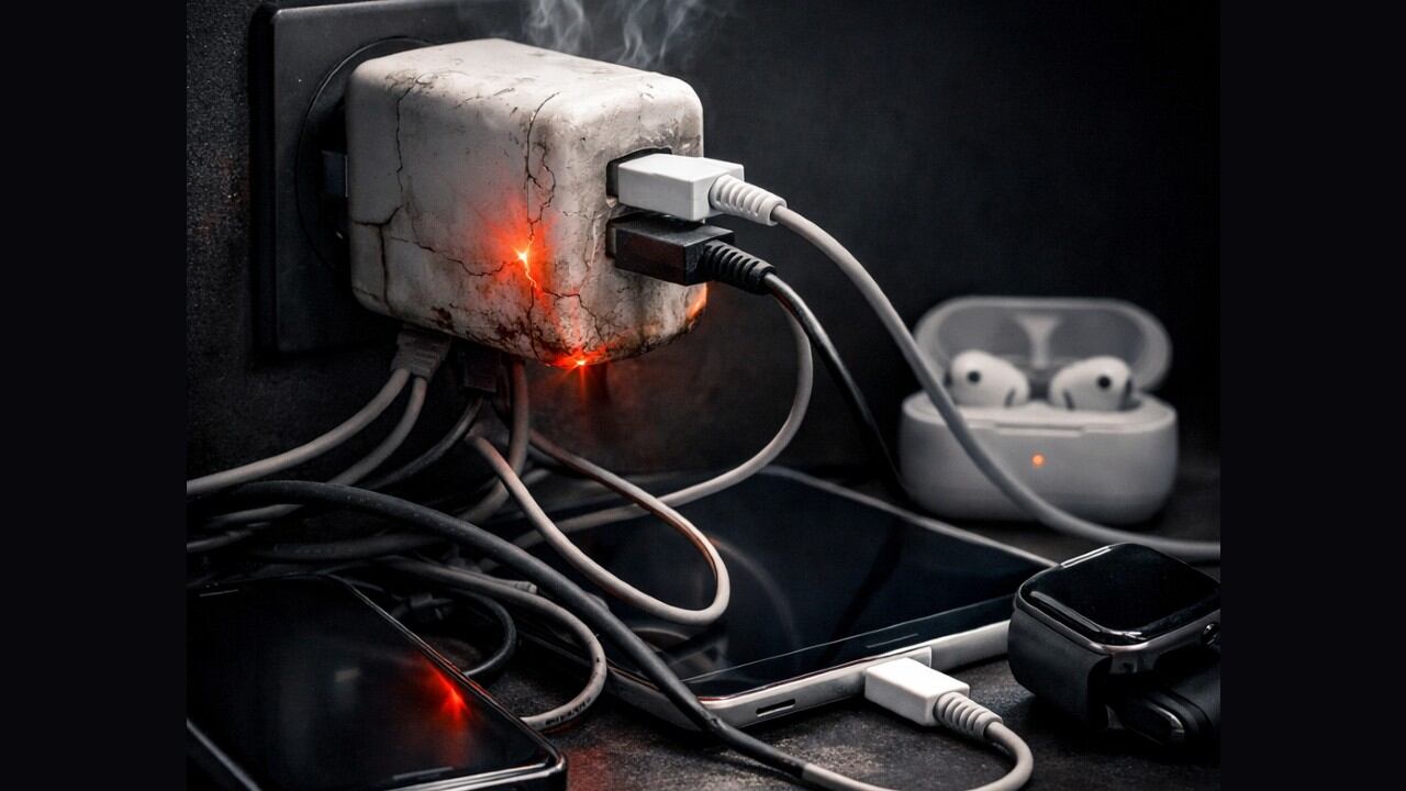 Ilustración de un cargador de celular desgastado.
