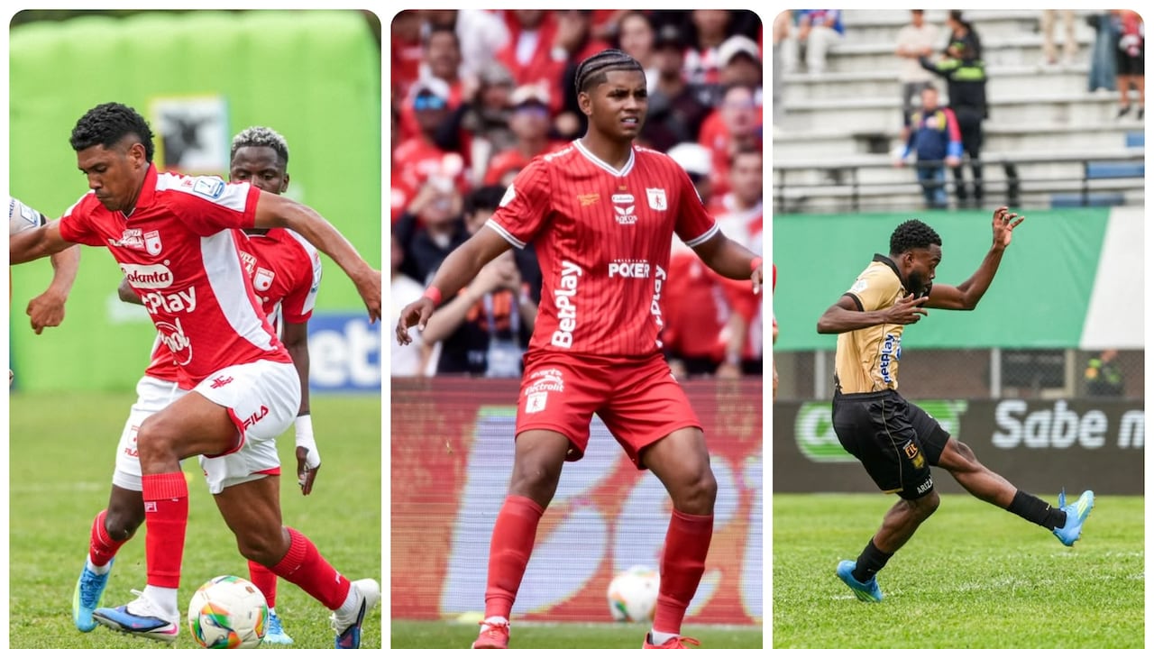 Jersson González (izq.) de Independiente Santa Fe, Josen Escobar (cen) del América de Cali y Ever Valencia de Águilas Doradas.