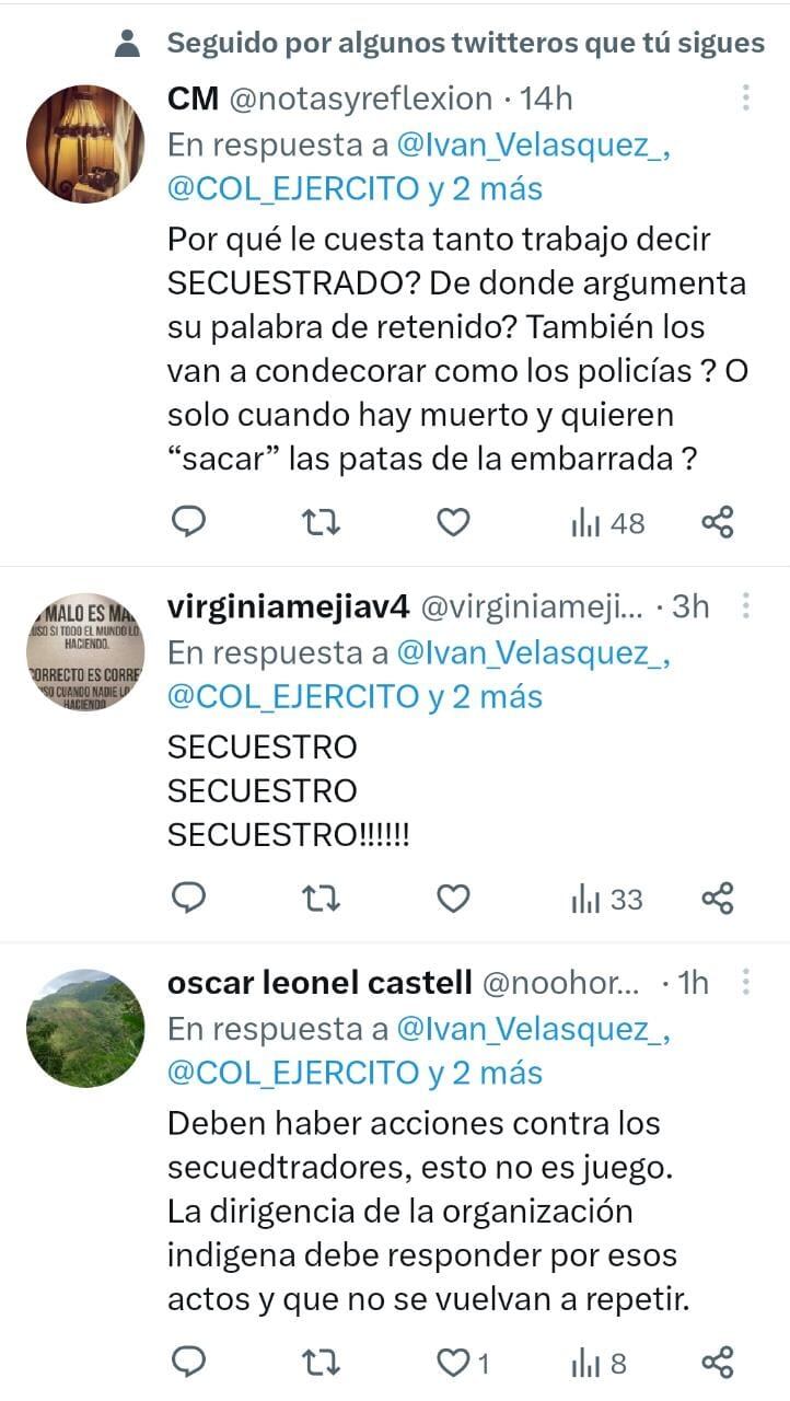 Usuarios de Twitter criticaron al ministro de Defensa Iván Velásquez, por no calificar como secuestro los casos donde la comunidad ha atacado a la fuerza pública.