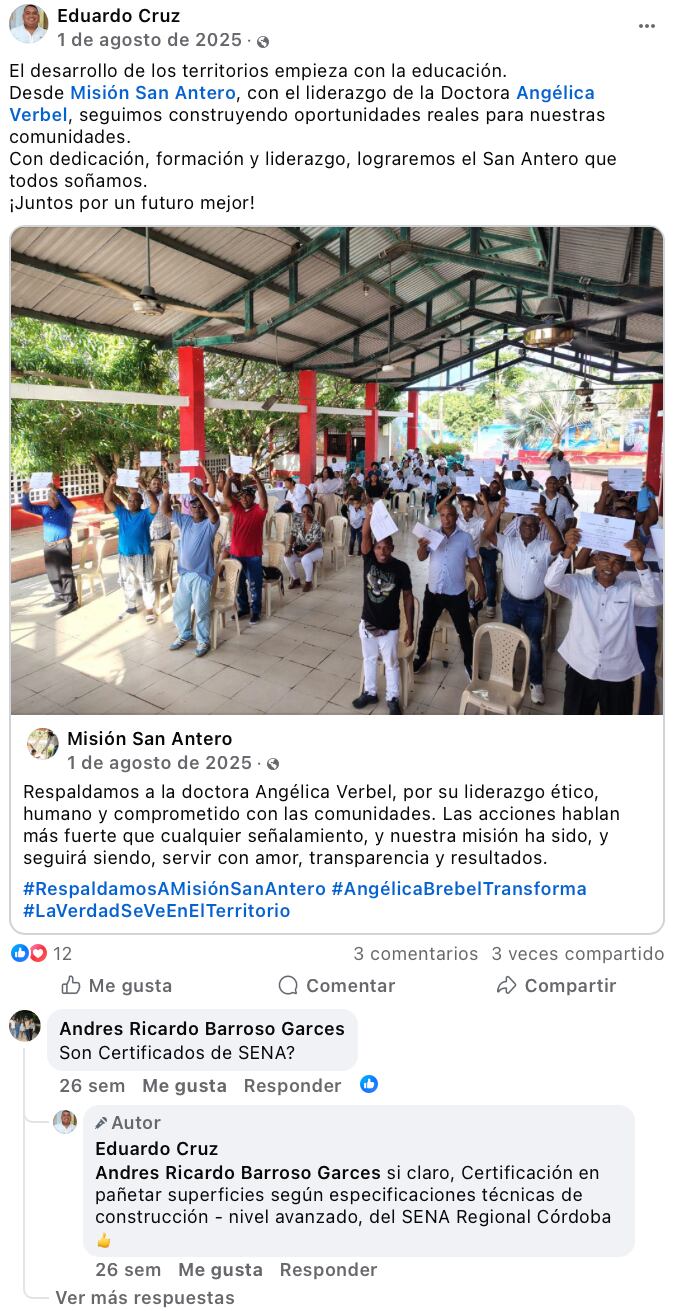 Misión San Antero haciendo política con diplomas del SENA.