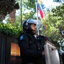Riot police officers and members of the diplomatic police corps stand guard outside the Ecuadorian embassy in Mexico City on April 6, 2024, following the severance of diplomatic relations between the two countries. Ecuadorian authorities stormed the Mexican embassy in Quito on April 5 to arrest former vice president Jorge Glas, who had been granted political asylum there, prompting Mexico to sever diplomatic ties after the "violation of international law". (Photo by Yuri CORTEZ / AFP)