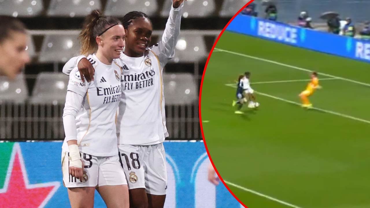 Linda Caicedo celebra ante el París FC / Momento del remate en la Champions.