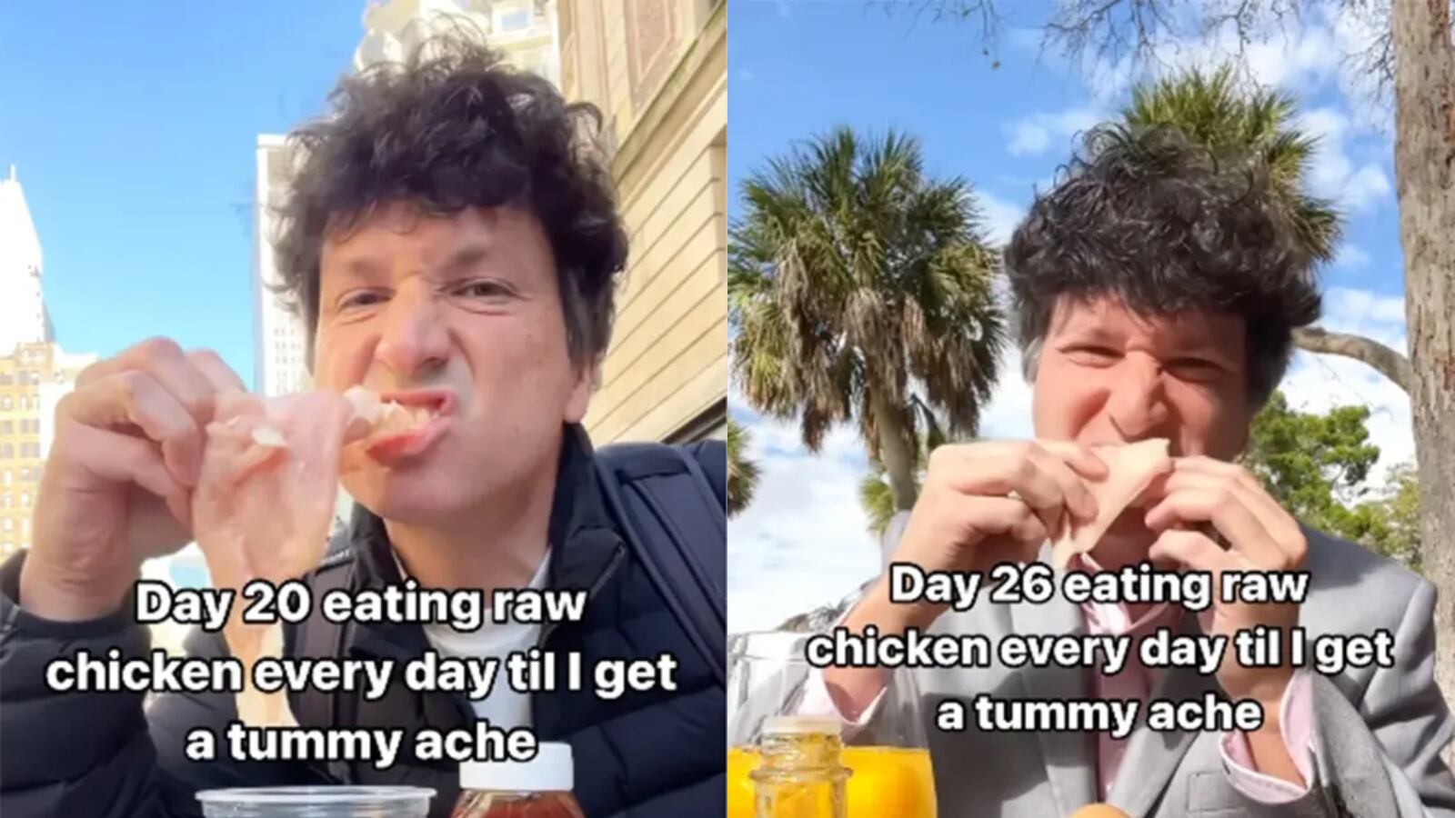 Hombre come pollo crudo en TikTok