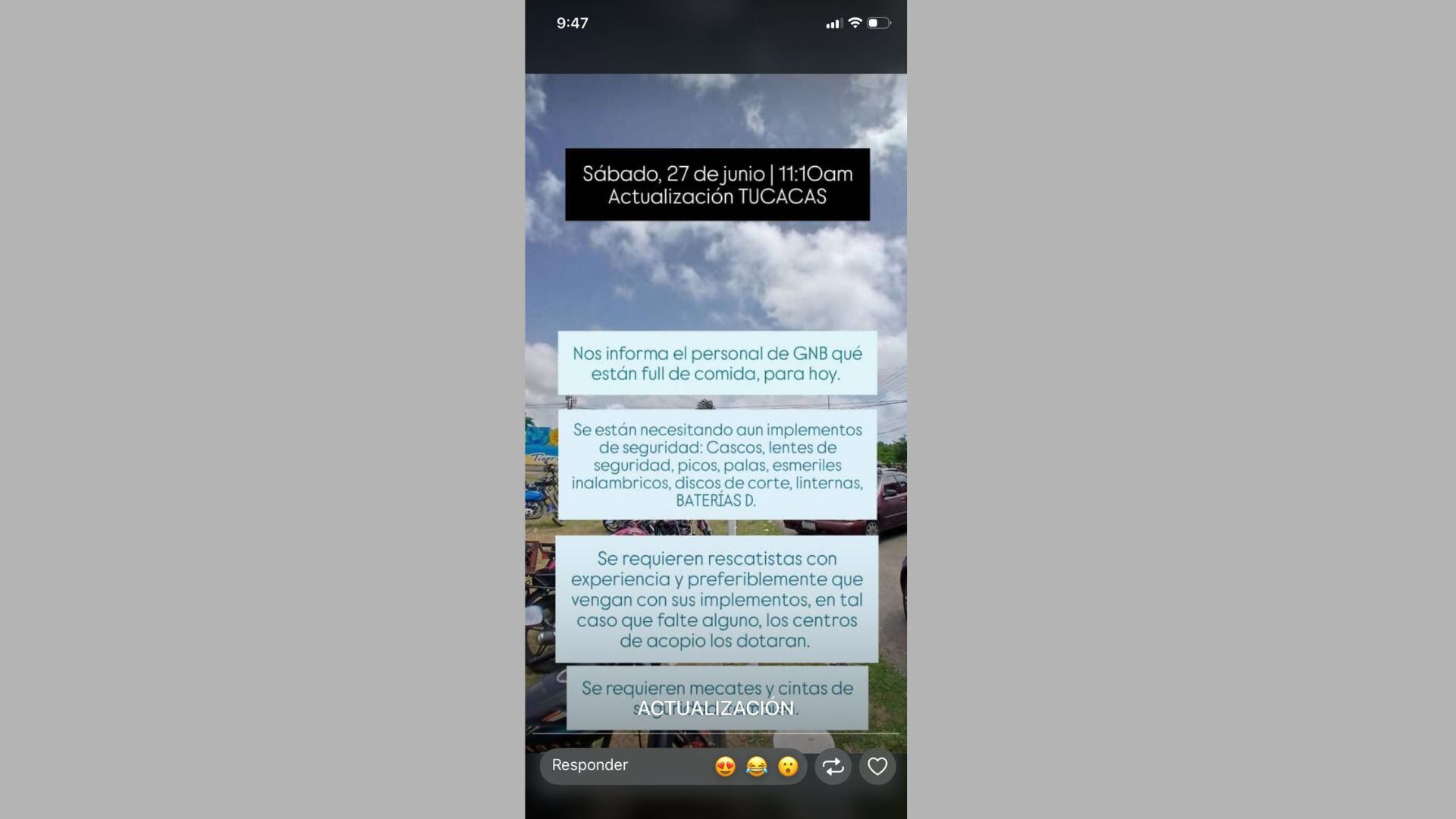 Mensaje de WhatsApp conocido por este medio en el que se solicita el envío urgente de implementos de seguridad y herramientas para apoyar las labores de rescate que adelanta el personal de la Guardia Nacional Bolivariana (GNB) en Tucacas.