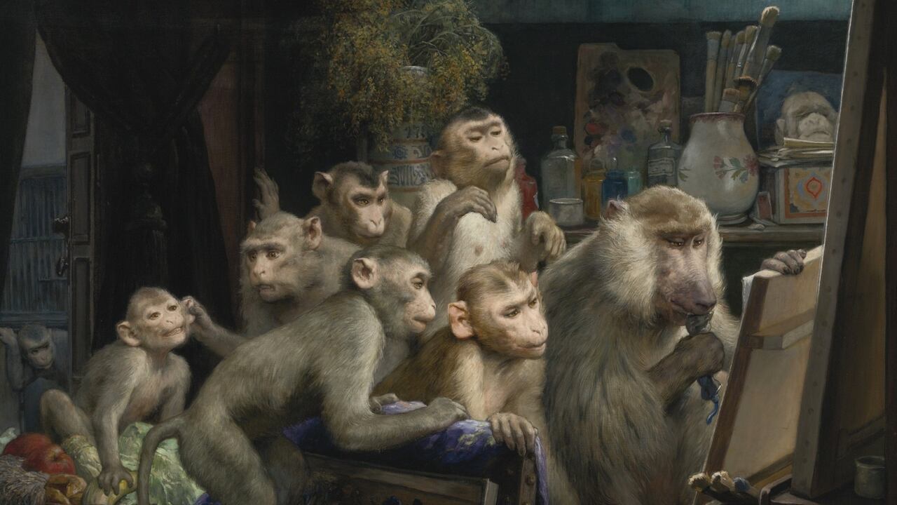 Una visita al estudio del artista, pintura de Gabriel von Max.