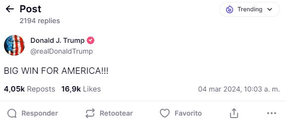 El mensaje emitido por el expresidente Trump en la red social Truth