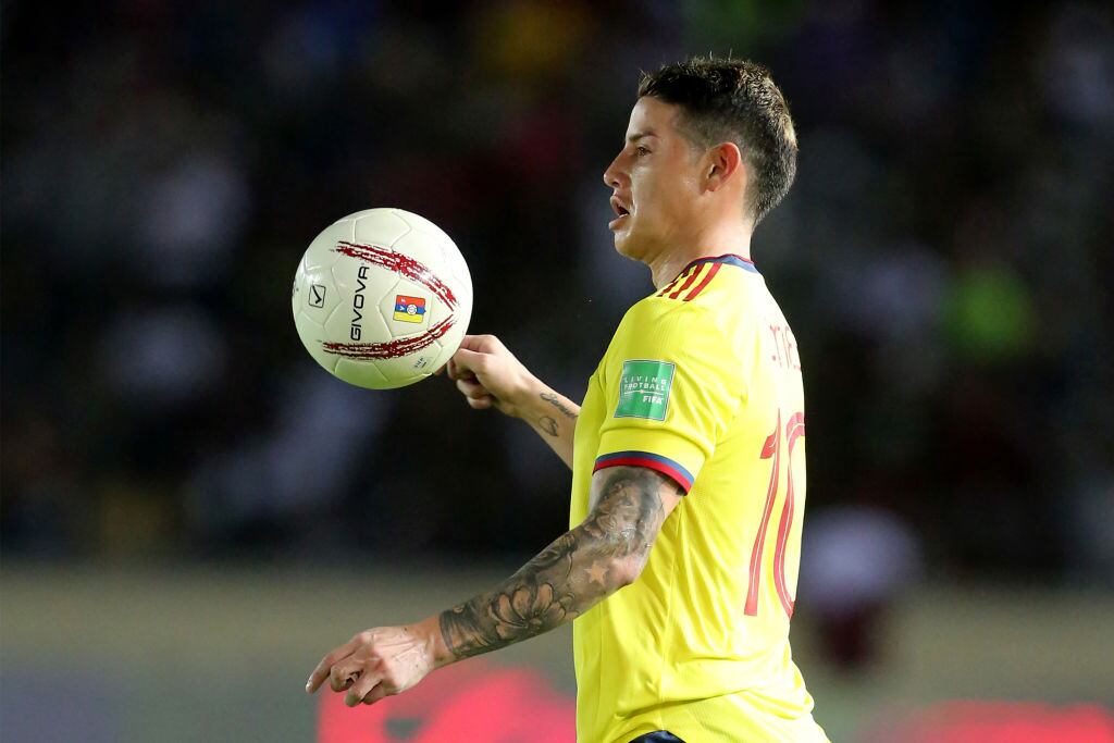 PUERTO ORDAZ, VENEZUELA - MARCH 29: James Rodríguez of Colombia in action during the FIFA World Cup Qatar 2022 qualification match between Venezuela and Colombia at Estadio Cachamay on March 29, 2022 in Puerto Ordaz, Venezuela. (Photo by Edilzon Gamez/Getty Images)