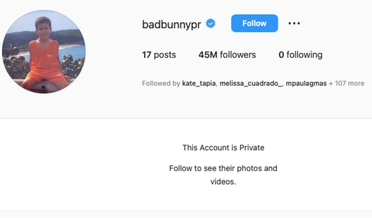 Así se ve ahora la cuenta de Bad Bunny para quienes no son seguidores del artista en Instagram