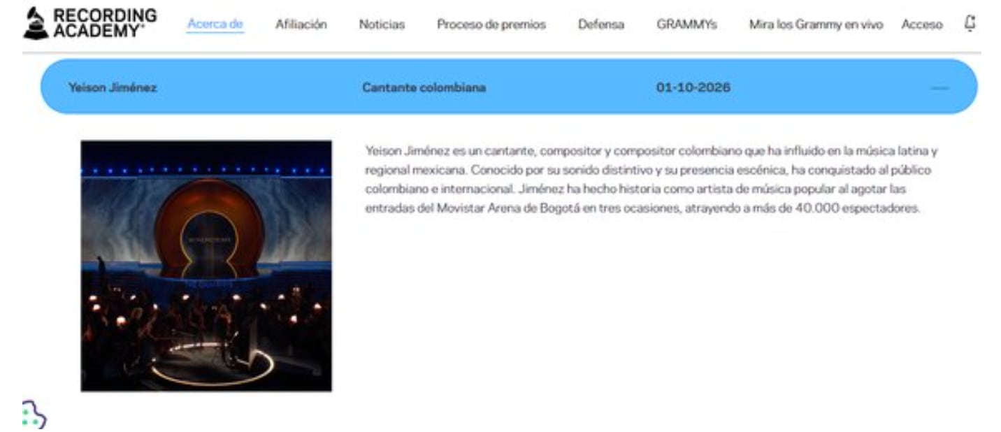 Homenaje que se le hizo a Yeison Jiménez en los Premios Grammy 2026.