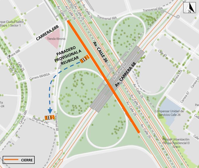 Cierre total de la calzada lenta de la avenida calle 26, entre avenida carrera 68 y carrera 68B.