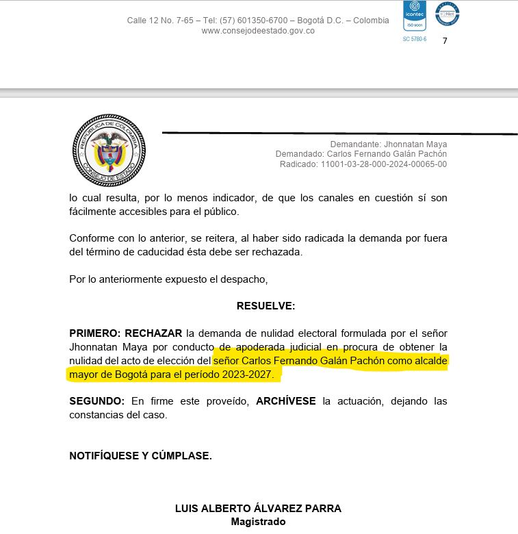 El Consejo de Estado rechazó una demanda contra la elección de Carlos Fernando Galán.