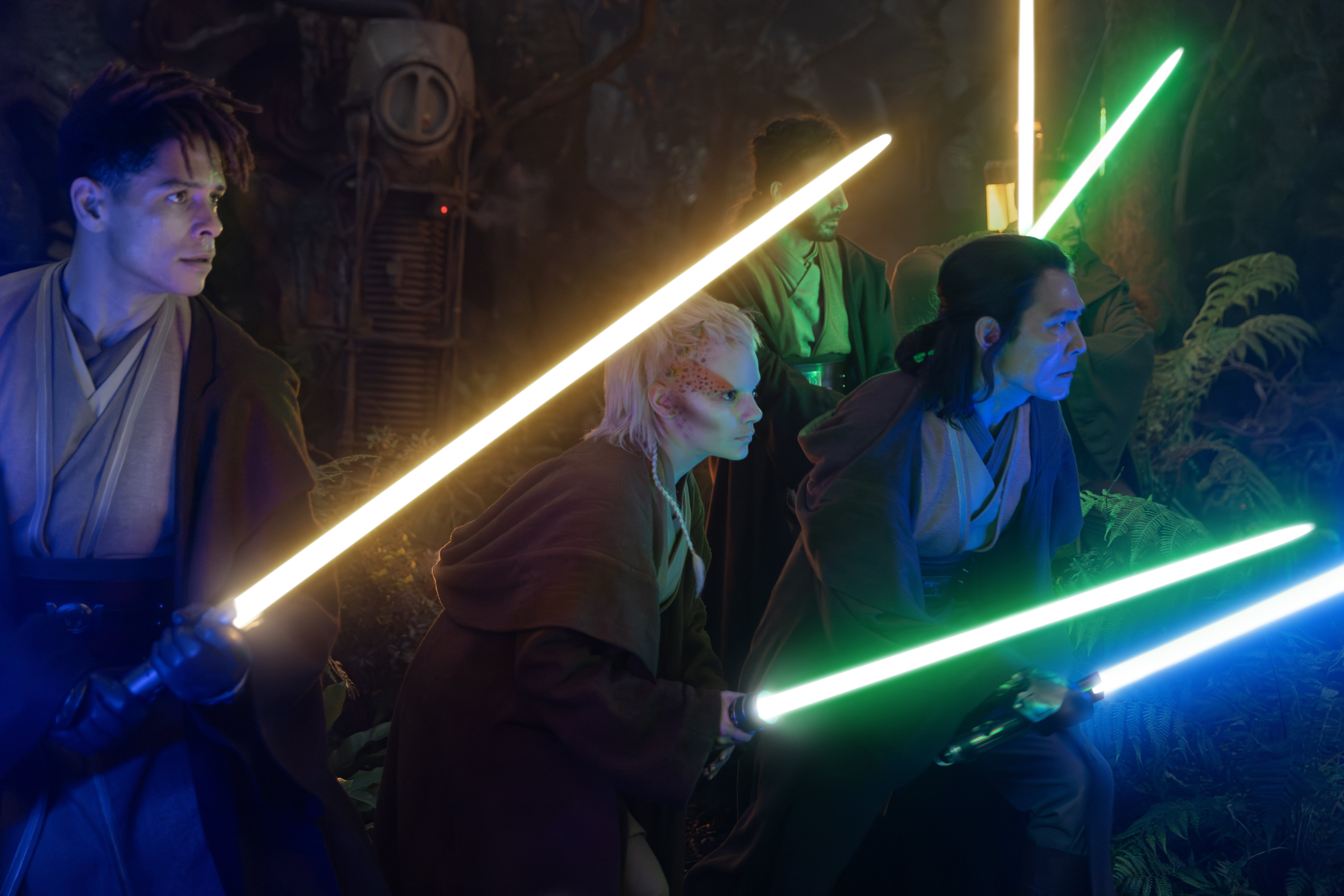 (L-R, front row): Yord Fandar (Charlie Barnett), Jedi Padawan Jecki Lon (Dafne Keen) and Master Sol (Lee Jung-jae) in Lucasfilm's THE ACOLYTE, exclusively on Disney+. ©2024 Lucasfilm Ltd. & TM. All Rights Reserved.