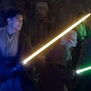 (L-R, front row): Yord Fandar (Charlie Barnett), Jedi Padawan Jecki Lon (Dafne Keen) and Master Sol (Lee Jung-jae) in Lucasfilm's THE ACOLYTE, exclusively on Disney+. ©2024 Lucasfilm Ltd. & TM. All Rights Reserved.