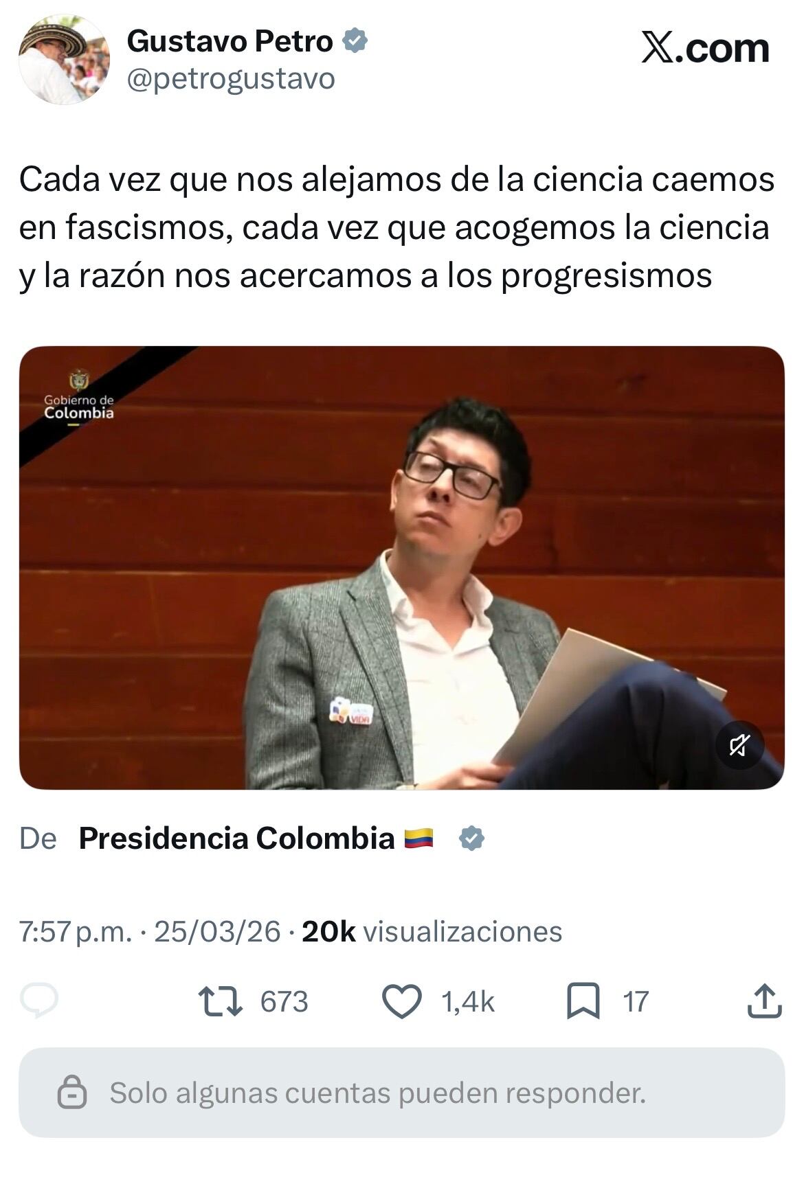 Mensaje del presidente Gustavo Petro con restricción para comentarios.