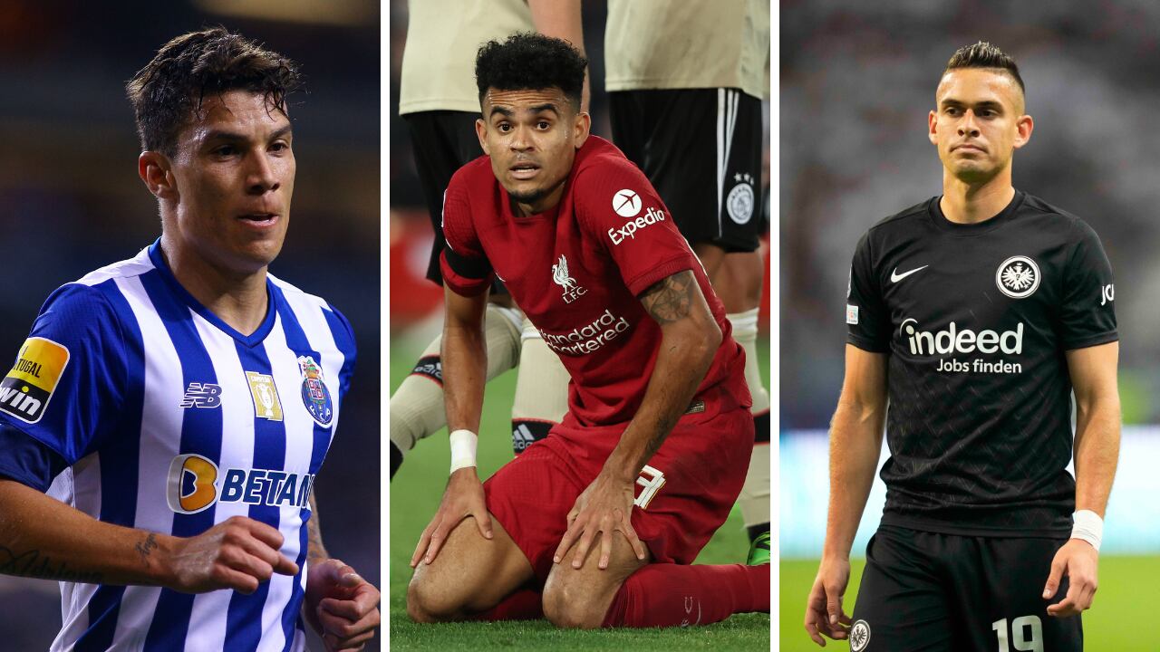 Mateus Uribe, Luis Díaz y Rafael Santos Borré en Champions League 2022/2023.