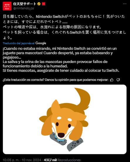 Nintendo alerta sobre un nuevo riesgo para la Switch: la orina y saliva de las mascotas.