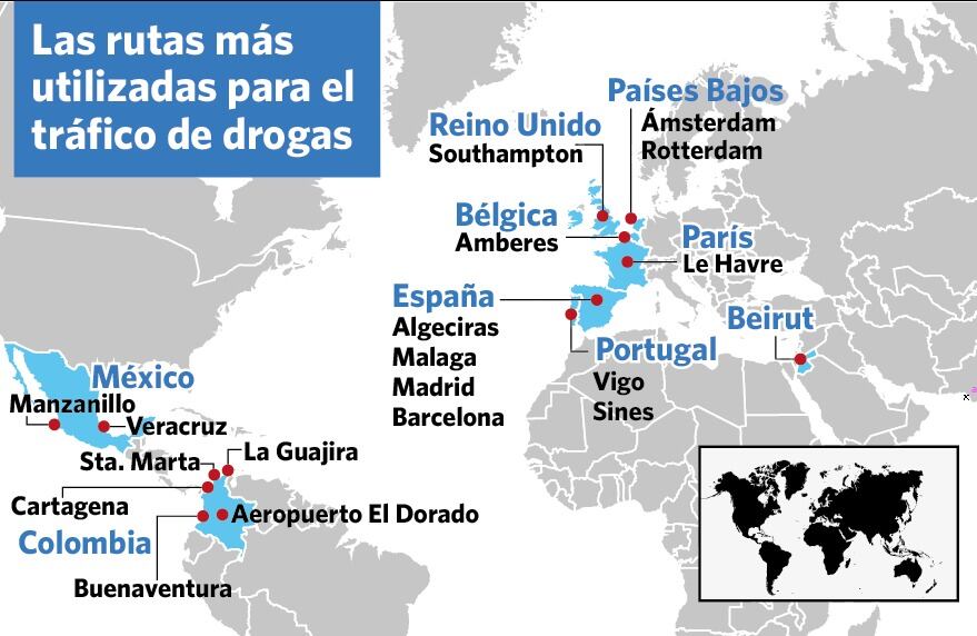 Estás son las rutas más utilizadas por el narcotráfico para intentar ingresar droga en otros países oculta en productos de exportación.