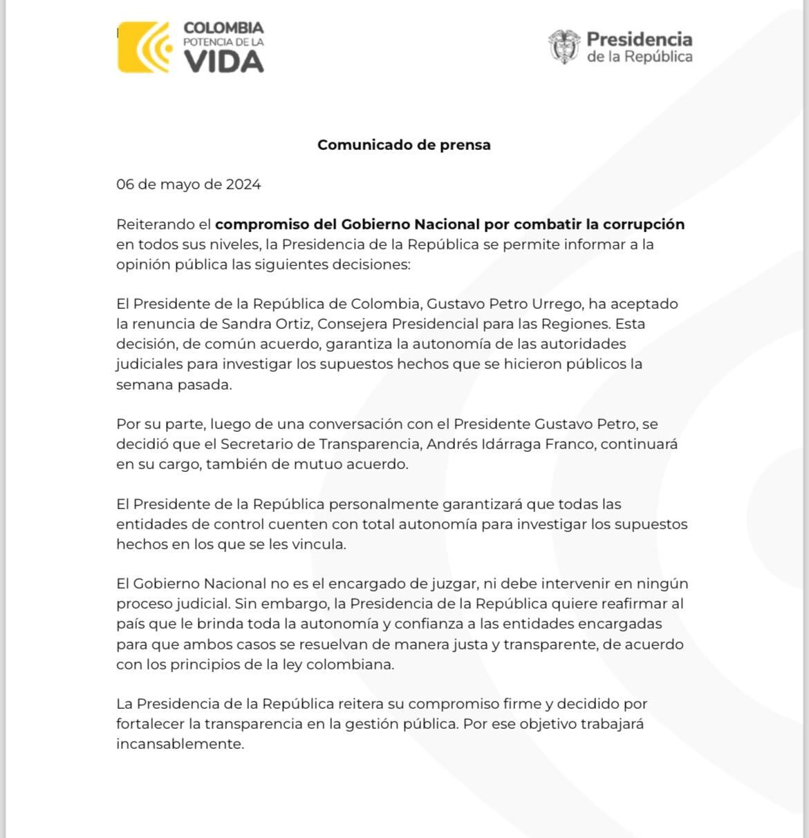 Comunicado Presidencia