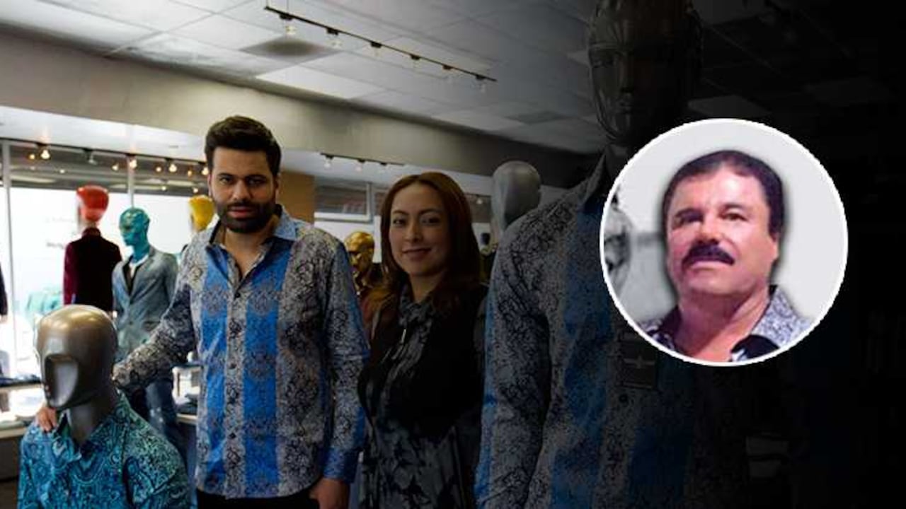 El cofundador de la marca Barabas, Shawn y la gerente de tienda, Sandra Macía, posan con dos maniquíes vestidos con camisas iguales a la que vestía Joaquín Guzmán Loera en la entrevista que realizó el actor Sean Penn.