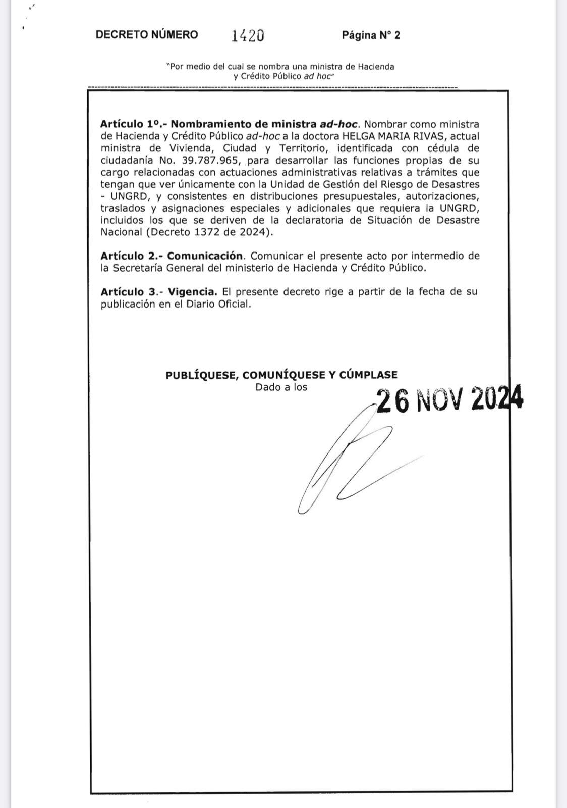 Decreto impedimento Ricardo Bonilla