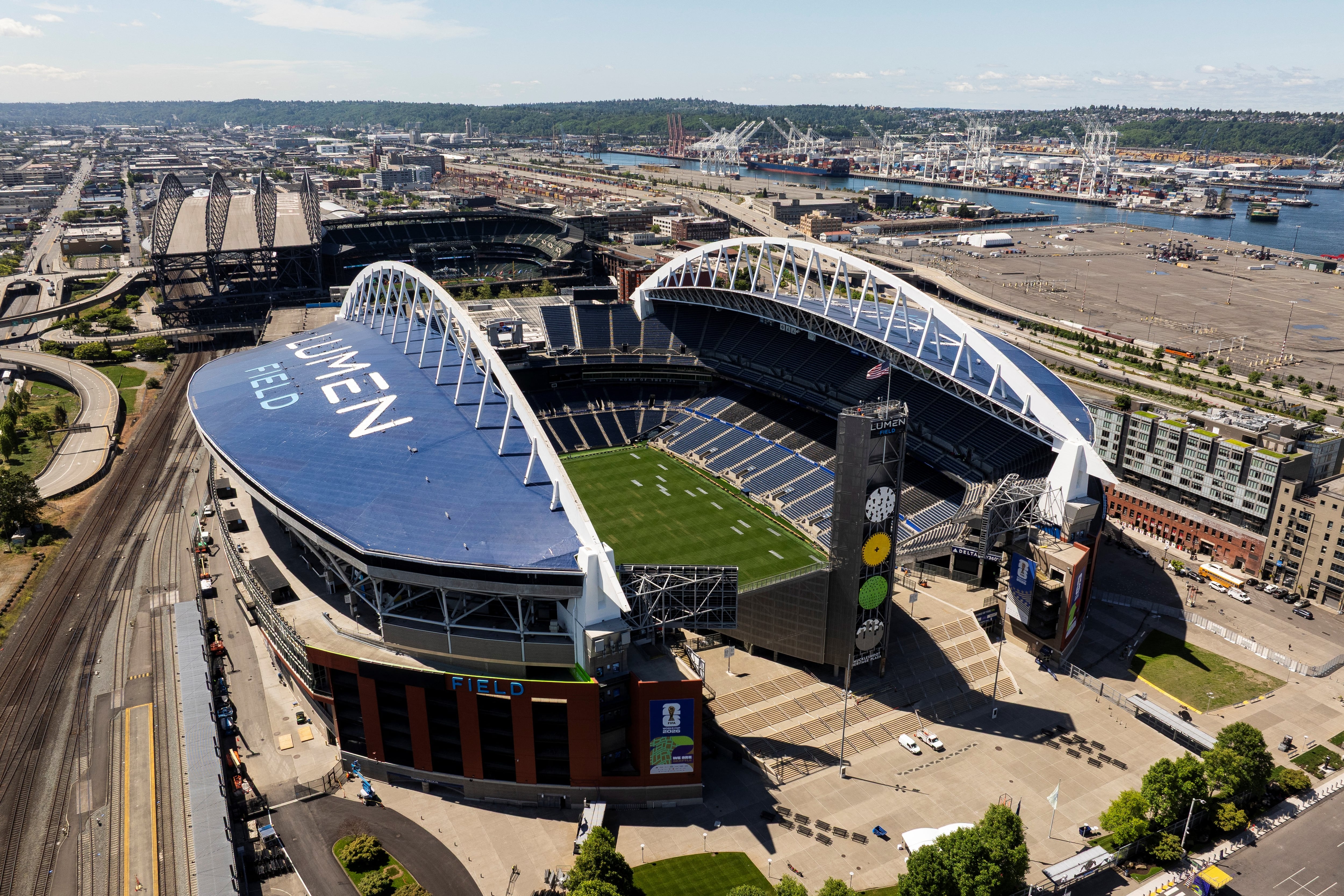 Una vista aérea muestra el Estadio de Seattle, anteriormente conocido como Lumen Field, antes de la Copa Mundial de la FIFA 2026 en Seattle, Washington, el 27 de mayo de 2026. El estadio albergará seis partidos durante la Copa Mundial de la FIFA 2026. (Foto de David Ryder / AFP)