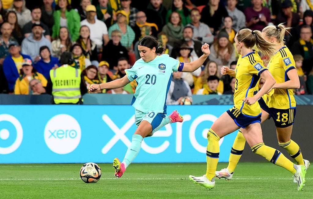 BRISBANE, AUSTRALIA - AUGUST 19: Sam Kerr of Australia strikes the ball during the FIFA Women's World Cup Australia & New Zealand 2023 Third Place Match match between Sweden and Australia at Brisbane Stadium on August 19, 2023 in Brisbane, Australia. (Photo by Bradley Kanaris/Getty Images)