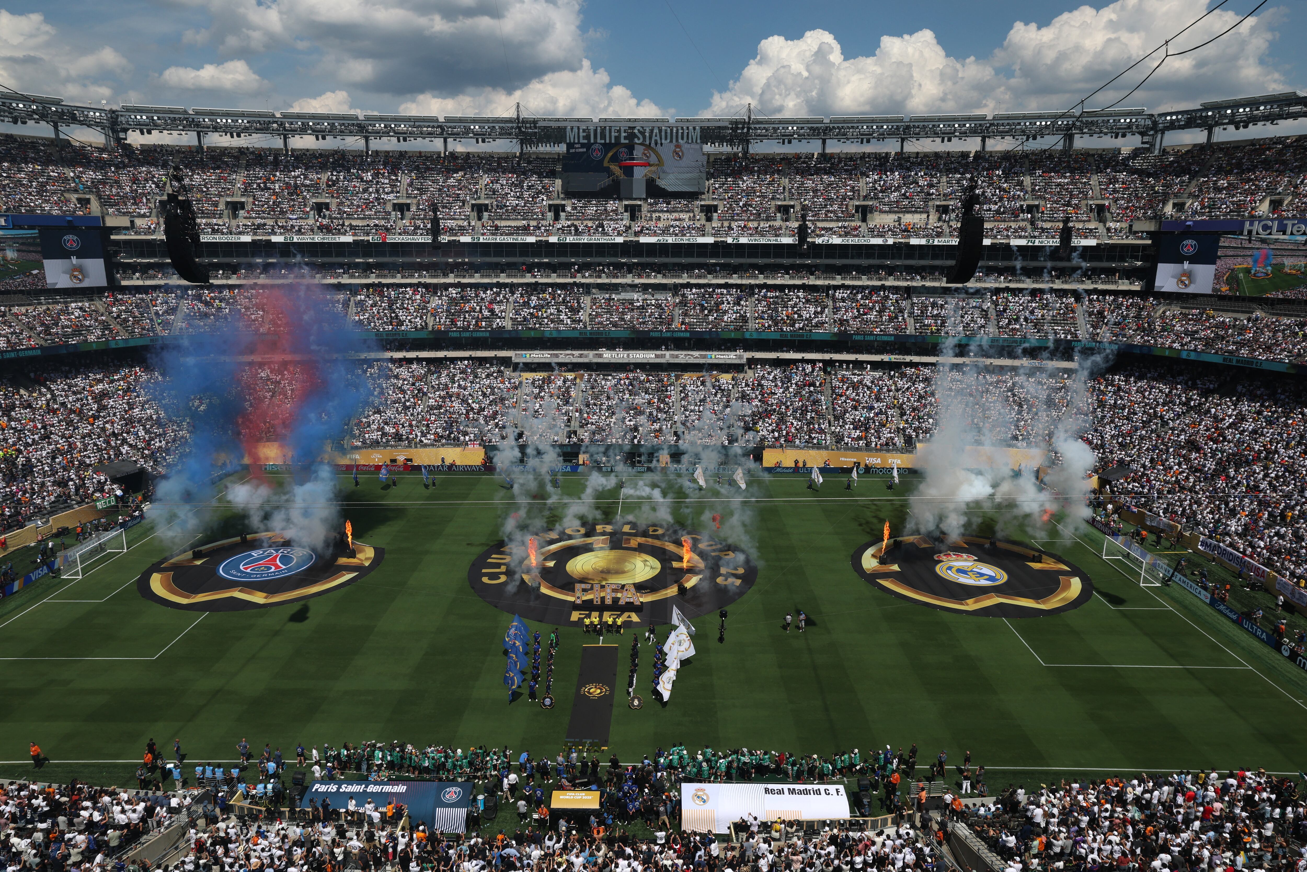 Fireworks go off ahead of the FIFA Club World Cup 2025 semifinal football match between France's Paris Saint-Germain and Spain's Real Madrid at MetLife stadium in East Rutherford, New Jersey on July 9, 2025. (Photo by TIMOTHY A. CLARY / AFP)