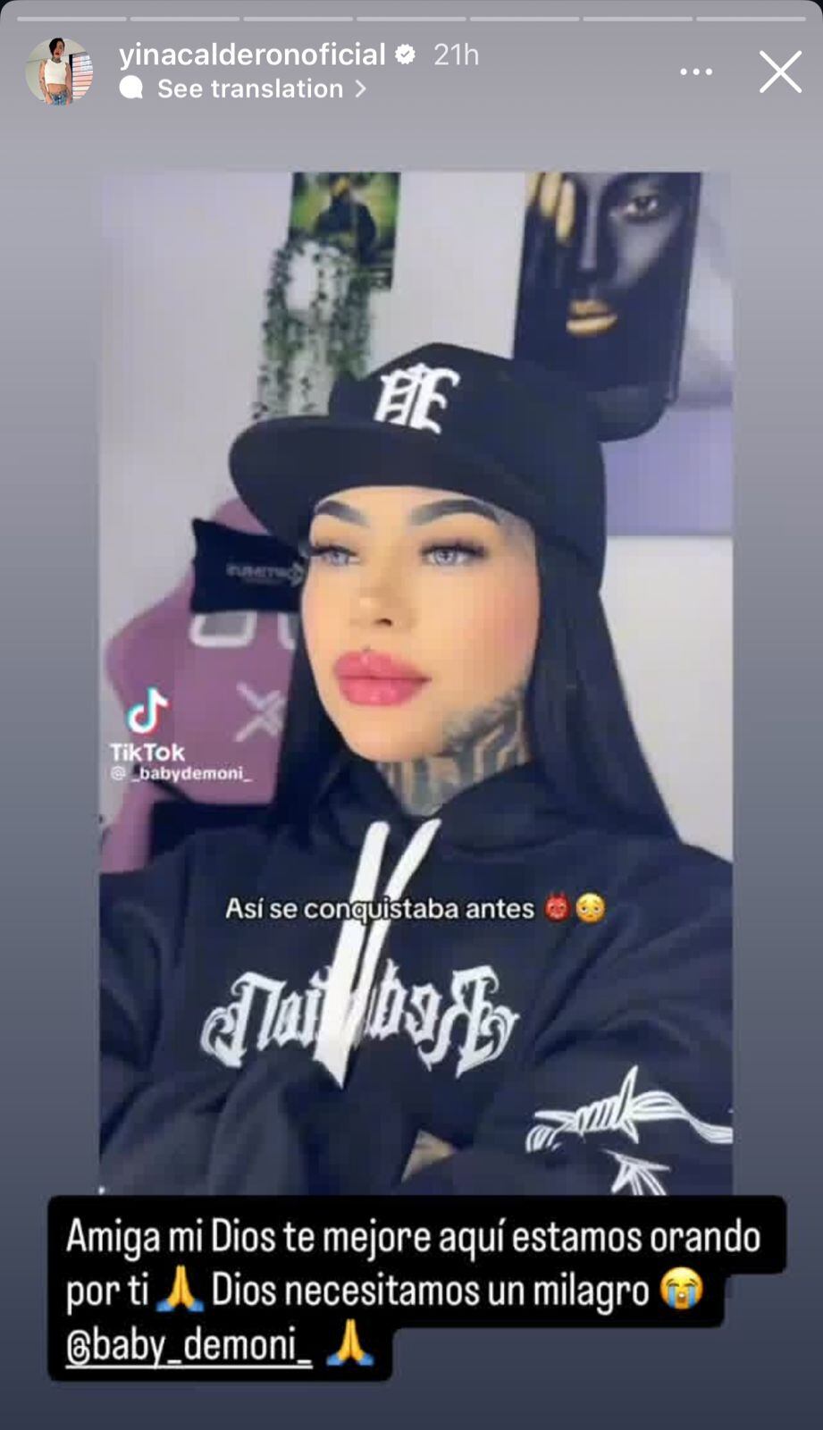 Yina Calderón sorprendió con publicación de su amiga, Baby Demoni.