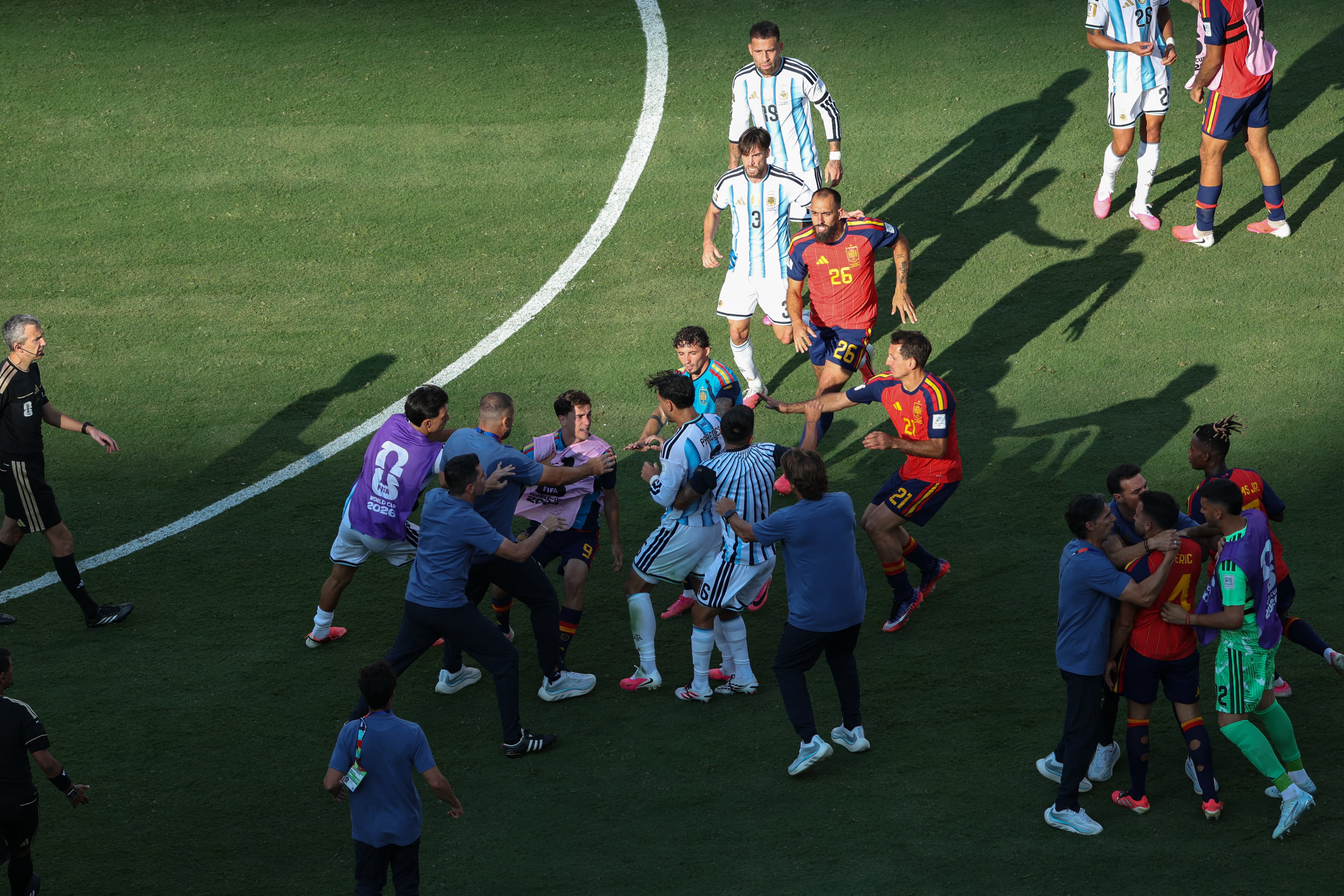 Leandro Paredes of Argentina and Gavi of Spain are involved in an altercation after the FIFA World Cup Final between Spain and Argentina at New York New Jersey Stadium in East Rutherford, New Jersey. (Photo by Pat Isaacs/MI News/NurPhoto) (Photo by MI News / NurPhoto via AFP)