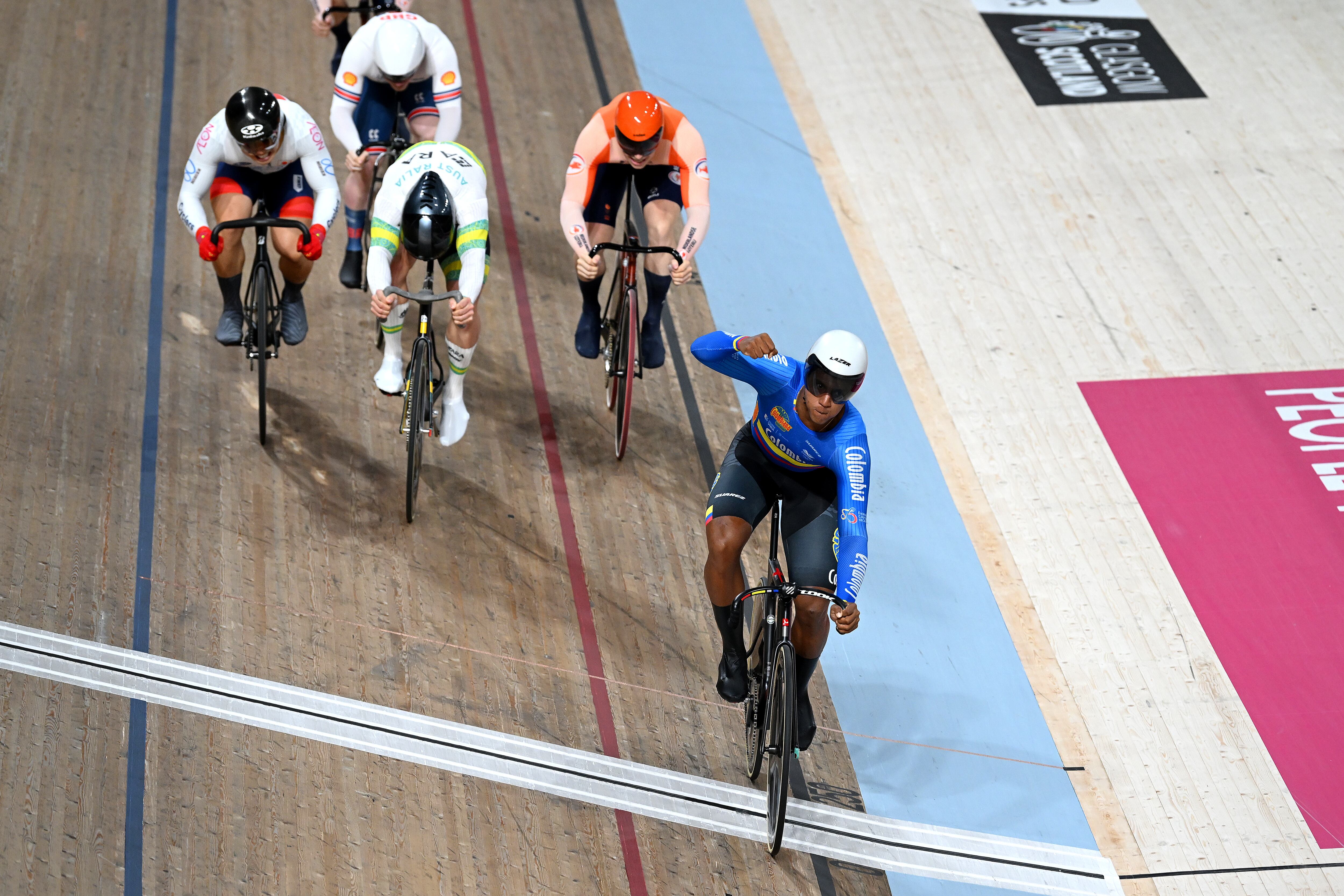 STIRLING, SCOTLAND - AUGUST 09: Kevin Santiago Quintero Chavarro of Colombia celebrates at finish line as race winner during the Men Elite Keirin Finals at the 96th UCI Cycling World Championships Glasgow 2023, Day 7 / #UCIWT / on August 09, 2023 in Glasgow, Stirling. (Photo by Dario Belingheri/Getty Images)