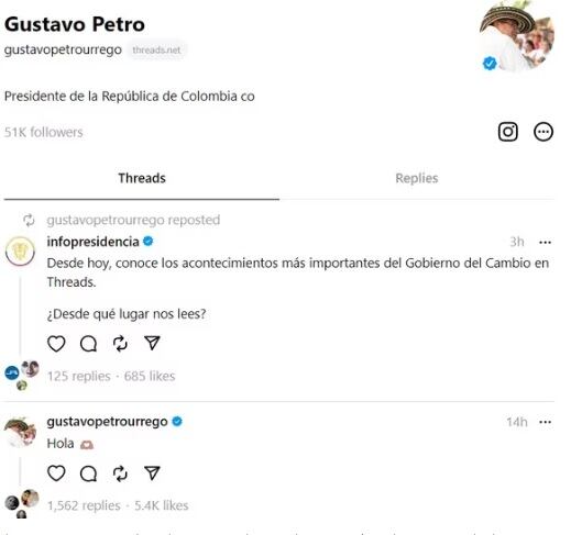 El presidente Gustavo Petro abrió cuenta en Threads.