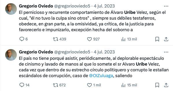Gregorio Oviedo, esposo de Amelia Pérez, publicó mensajes contra el expresidente Álvaro Uribe.