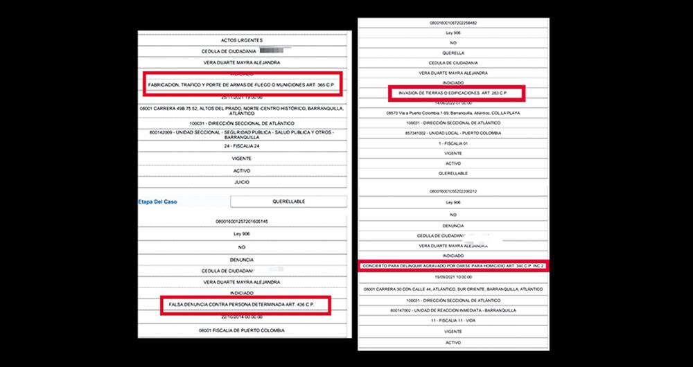  Estos son los documentos que soportan el temido prontuario judicial de la tiktoker Mayra Alejandra Vera Duarte, quien, según la Fiscalía, pertenecería a una de las más temidas organizaciones criminales de Barranquilla dedicada al homicidio, despojo de tierras y extorsión. 