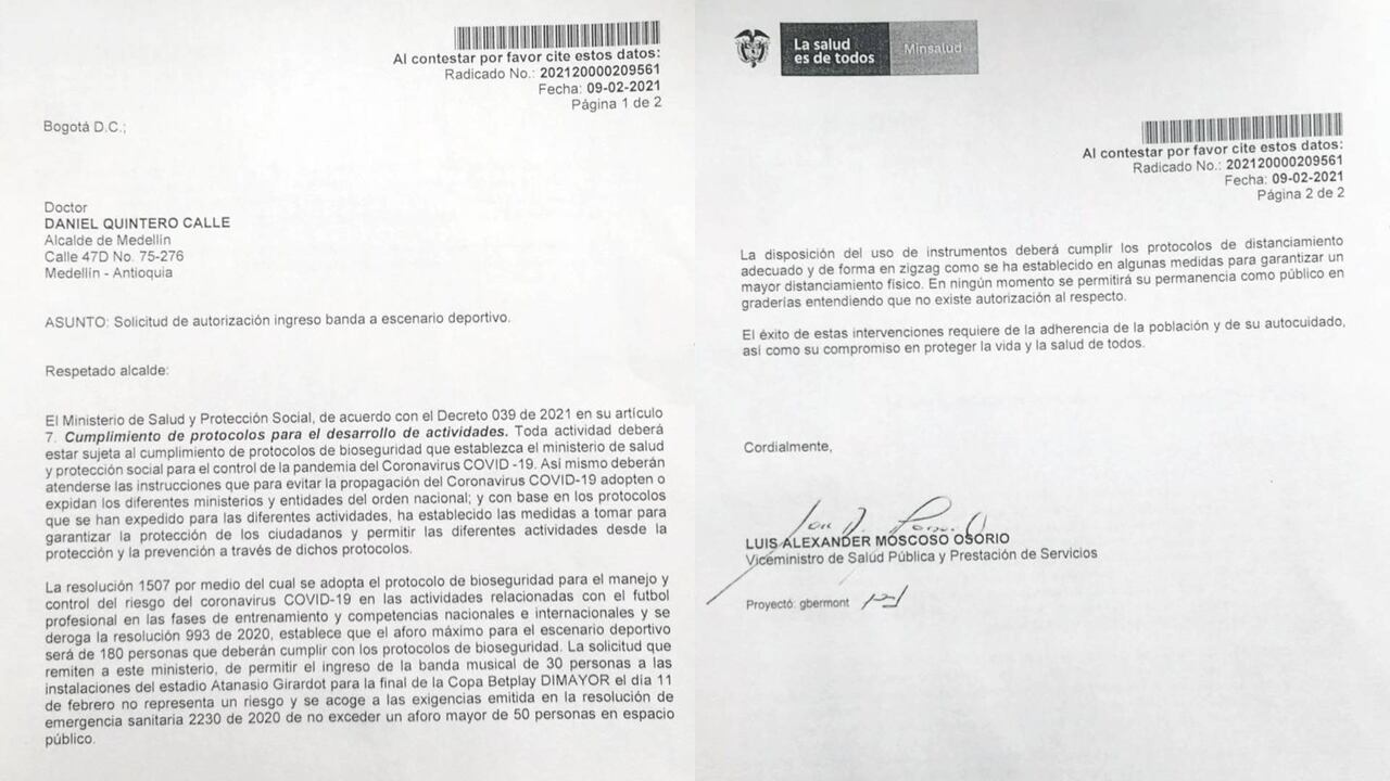 La cartera de Salud envió una carta al alcalde de la ciudad, Daniel Quintero, en que responde a la solicitud de ingreso al estadio por parte de una banda musical conocida como La Murga del Indigente.