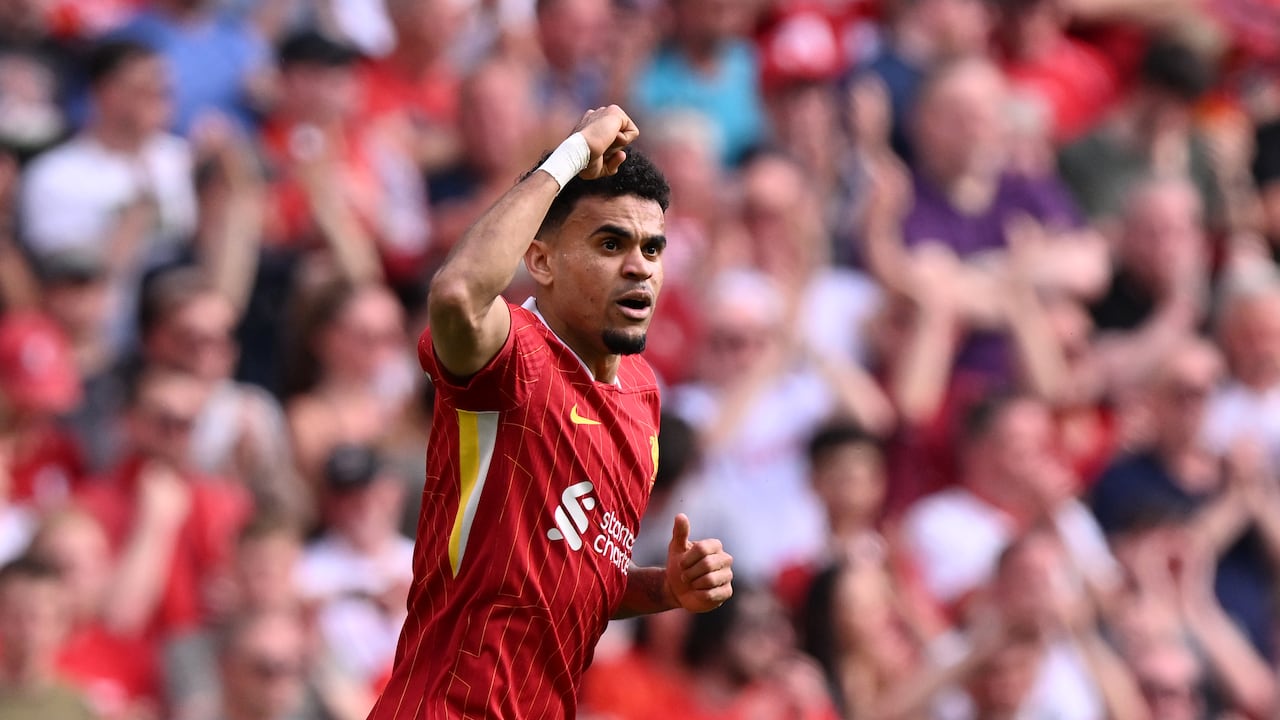 LIVERPOOL, ENGLAND - MAY 11: (SUN OUT, SUN ON SUNDAY OUT) Luis Diaz of Liverpool celebrates scoring his team's second goal during the Premier League match between Liverpool FC and Arsenal FC at Anfield on May 11, 2025 in Liverpool, England. (Photo by Liverpool FC/Liverpool FC via Getty Images)