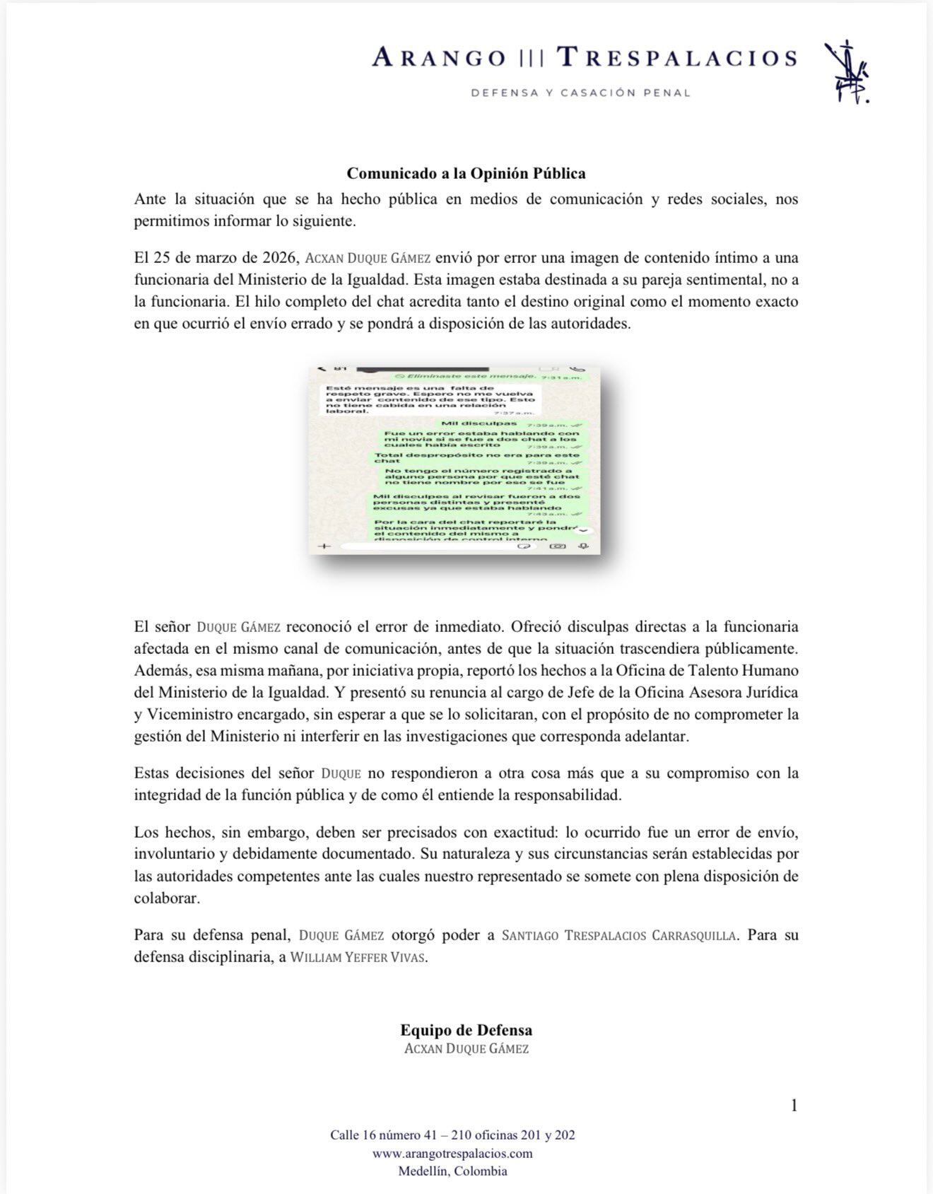 Esta es la respuesta de la defensa del exviceministro de la Igualdad.