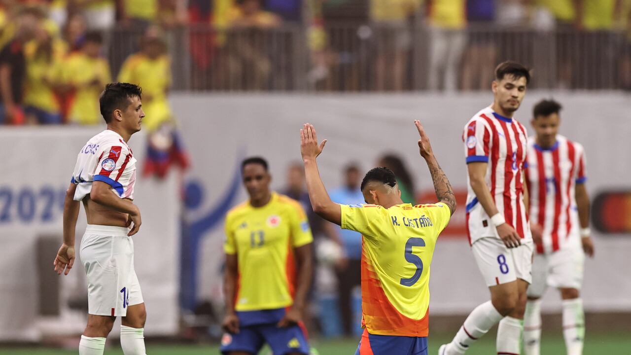HOUSTON, TEXAS - JUNE 24: Kevin Castaño of Colombia prays after winning the CONMEBOL Copa America 2024 Group D match between Colombia and Paraguay at NRG Stadium on June 24, 2024 in Houston, Texas. (Photo by Omar Vega/Getty Images)