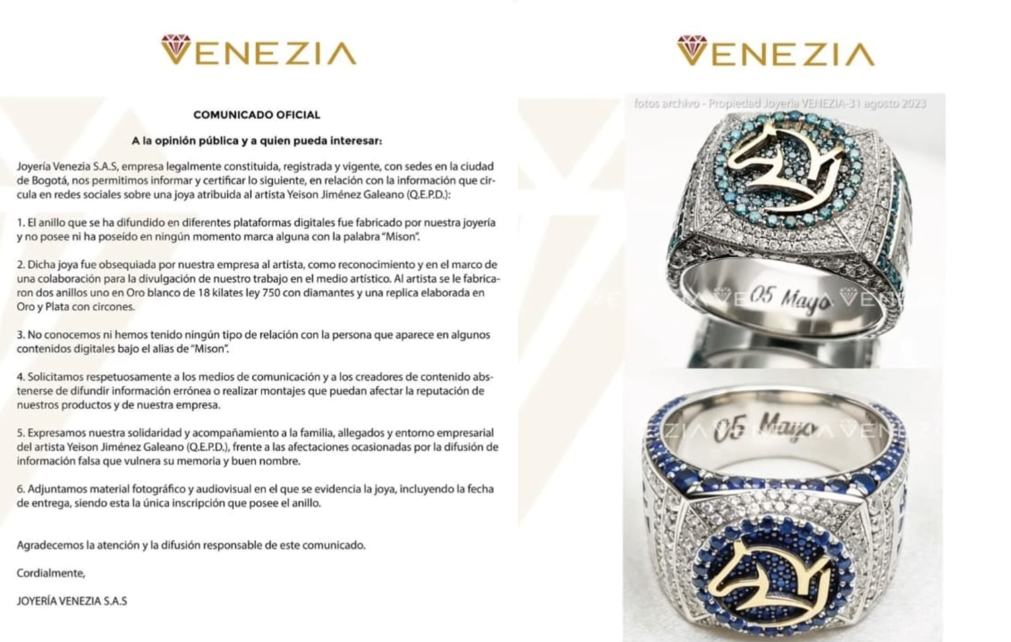 joyería desmienten vínculo con alias Mison tras investigación de las autoridades