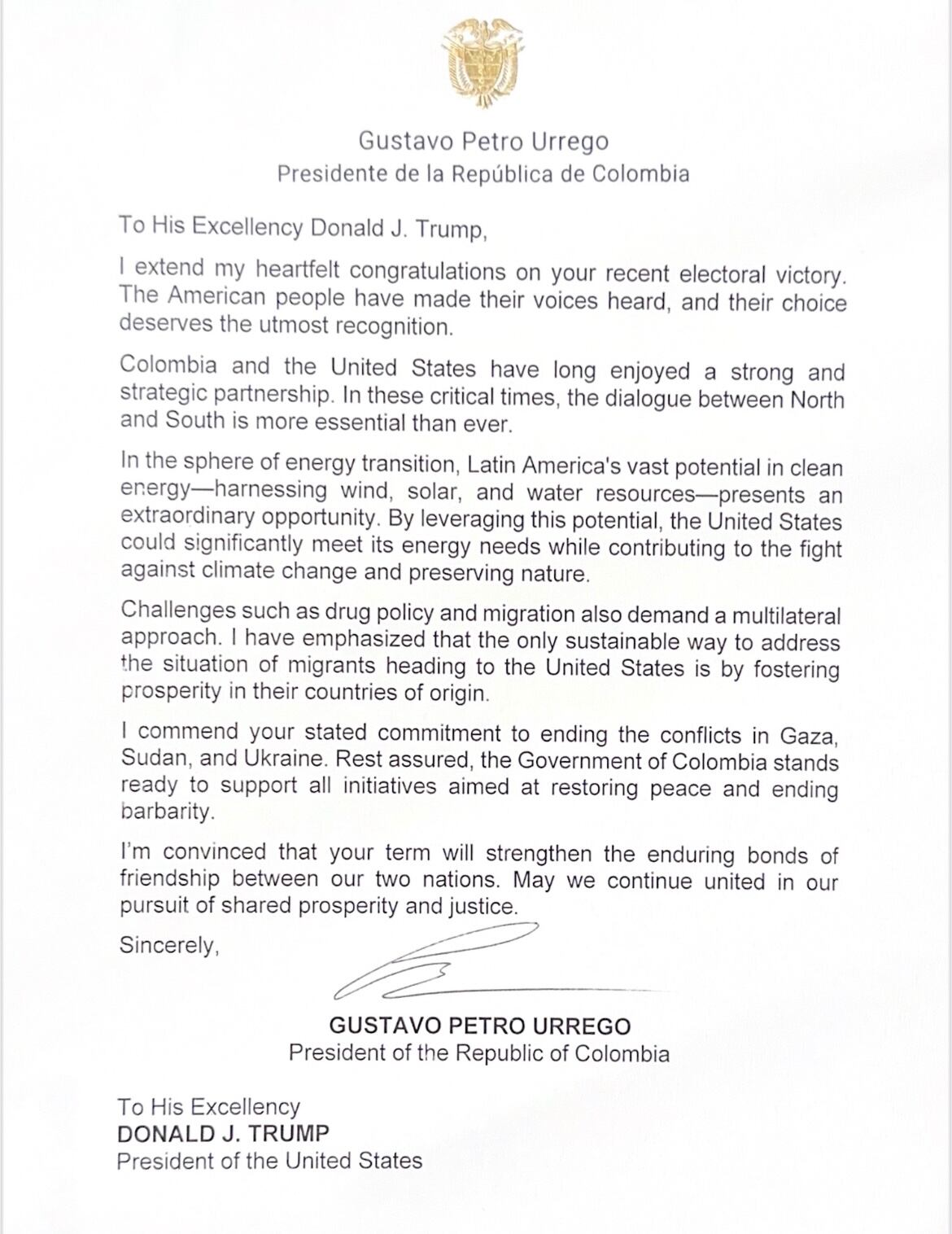 Carta Petro - Trump
