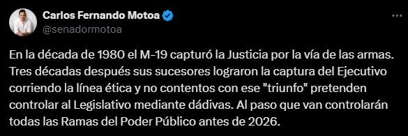 Senador Carlos Fernando Motoa aseguró que el M-19 se tomó el poder Ejecutivo.