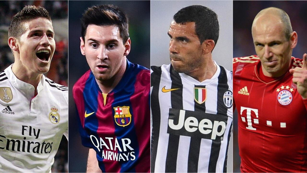 James Rodríguez, Lionel Messi, Carlos Tévez y Arjen Robben.