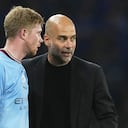 Kevin de Bruyne y Pep Guardiola en la final de la Champions League