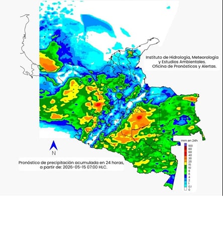 Clima del viernes 15 de mayo: la escala de colores indica la cantidad  
de precipitación acumulada (en milímetros).