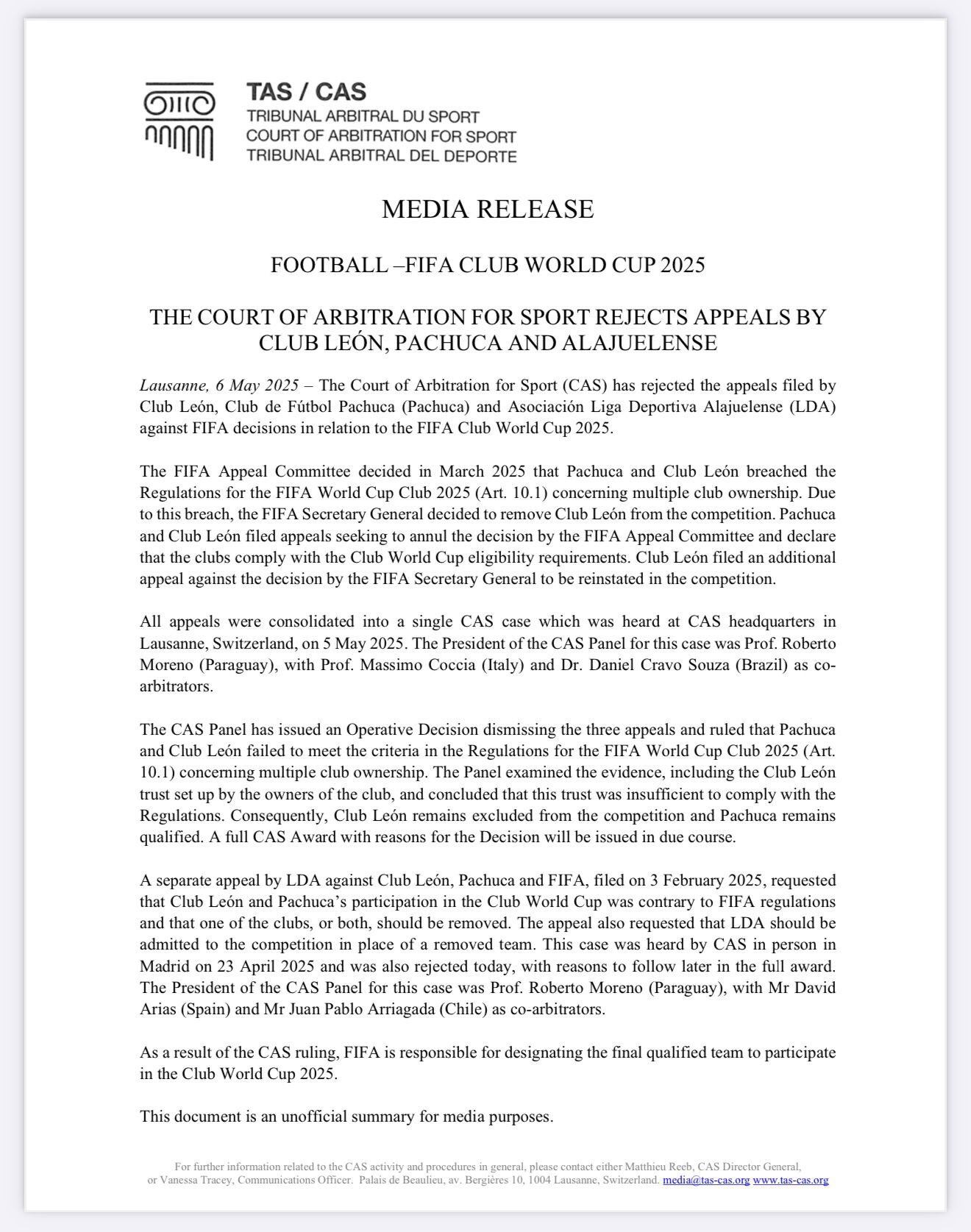 Comunicado oficial del TAS donde rechaza la apelación de Club León y Pachuca