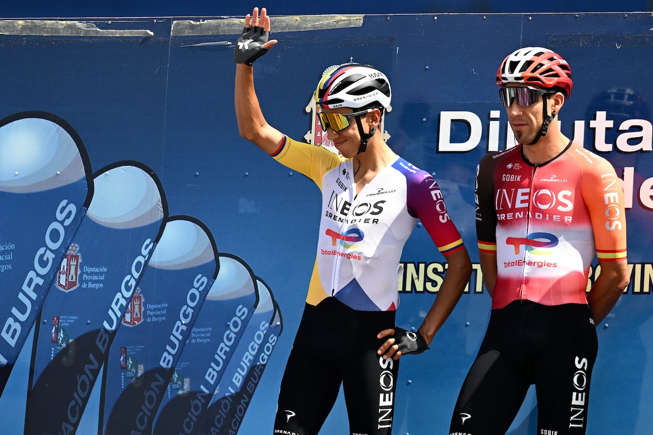 DONA SANTOS, SPAIN - AUGUST 08: (L-R) Egan Bernal of Colombia and Omar Fraile of Spain and Team INEOS Grenadiers prior to the 47th Vuelta a Burgos 2025, Stage 4 a 162.7km stage from Dona Santos to Regumiel de la Sierra on August 08, 2025 in Dona Santos, Spain. (Photo by Antonio Baixauli/Getty Images)