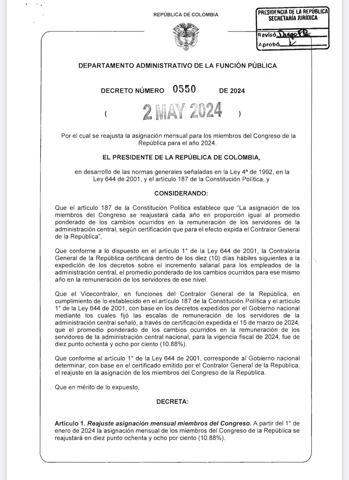 Decreto aumento salario congresistas