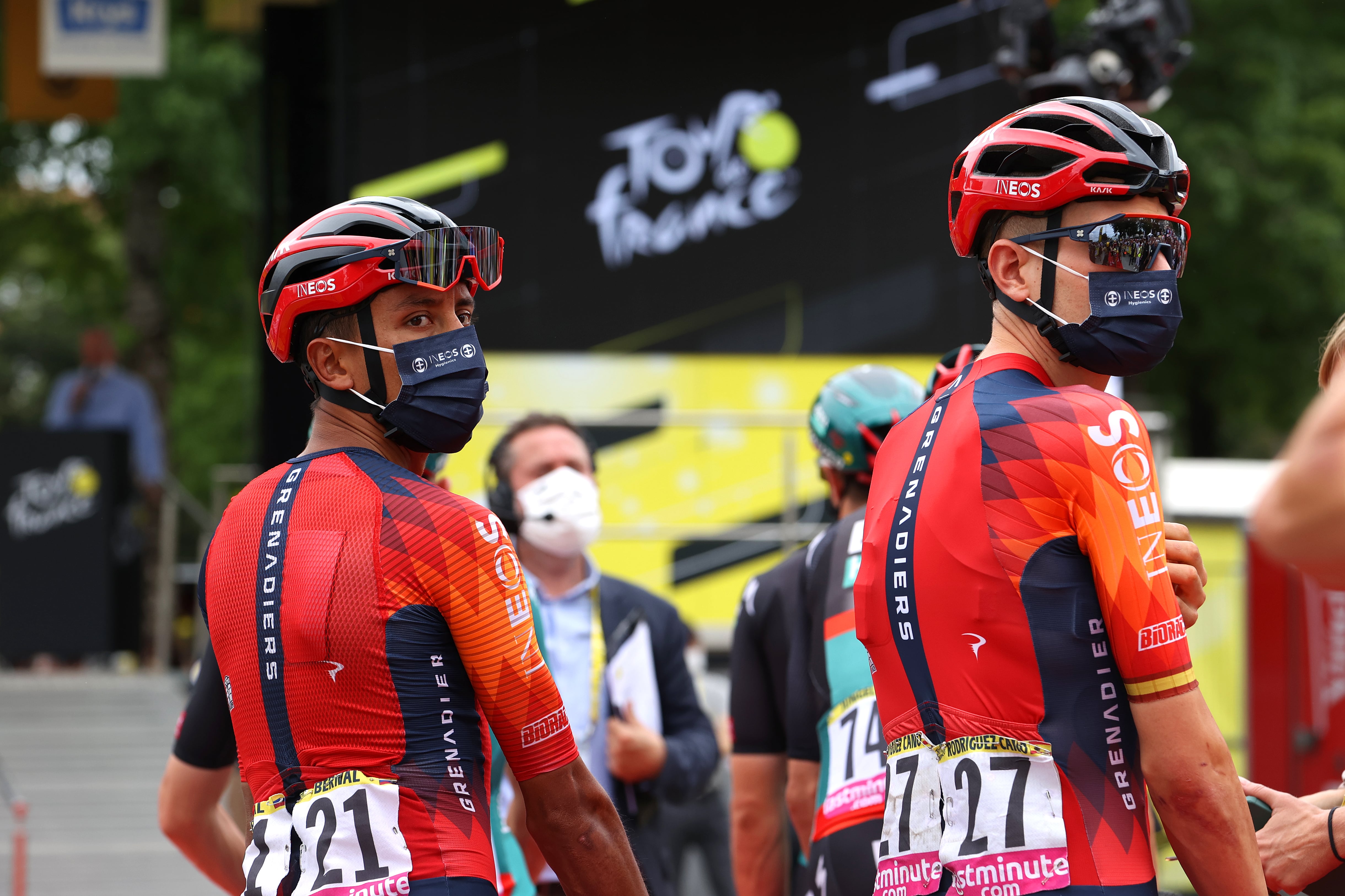 DAX, FRANCE - JULY 04: (L-R) Egan Bernal of Colombia and Carlos Rodriguez Cano of Spain and Team INEOS Grenadiers prior to the stage four of the 110th Tour de France 2023 a 181.8km stage from Dax to Nogaro / #UCIWT / on July 04, 2023 in Dax, France. (Photo by Michael Steele/Getty Images)