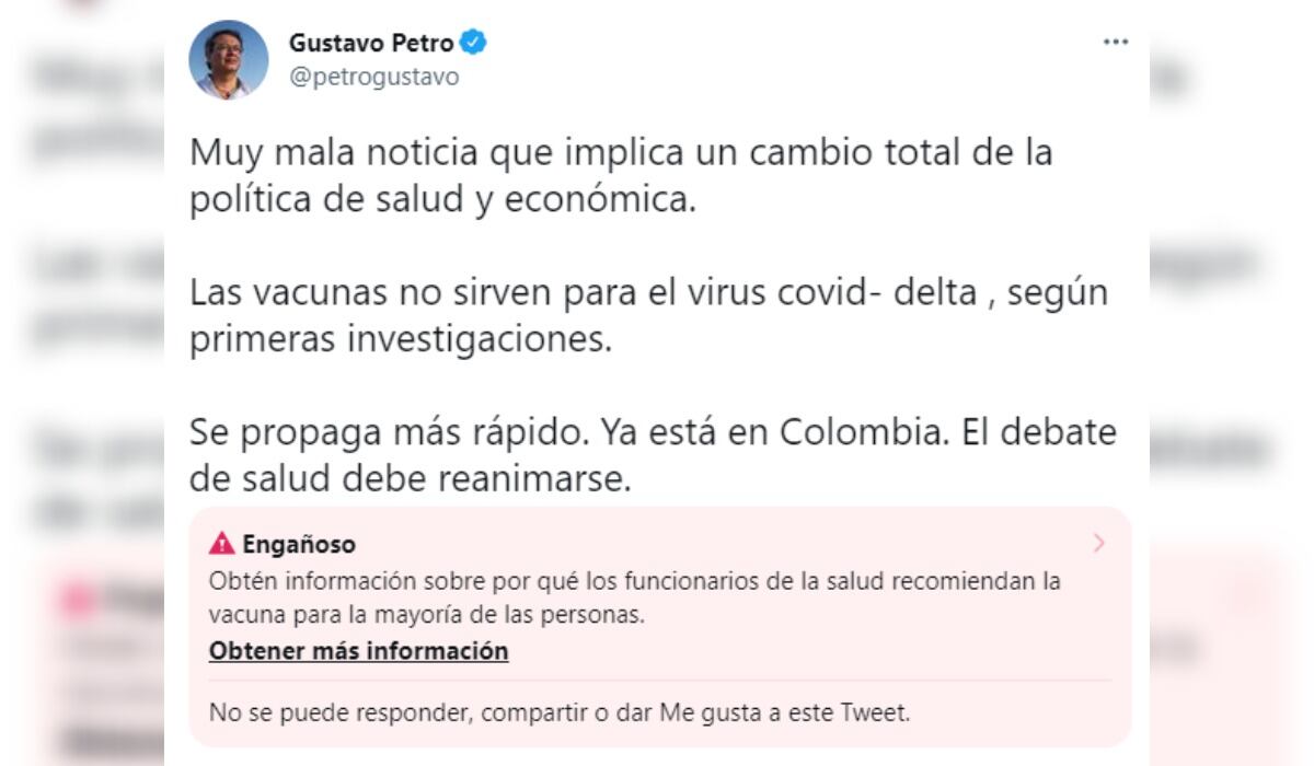 Trino de Gustavo Petro calificado como  por Twitter como 'engañoso'